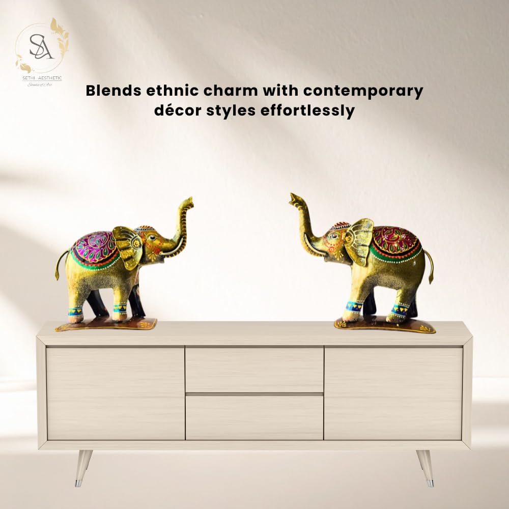 Handpainted Iron Elephant Showpiece with Colorful Ethnic Design,Lustrous Finish, Pack of 2, 7/6.5 Inch (Metal Elephant)