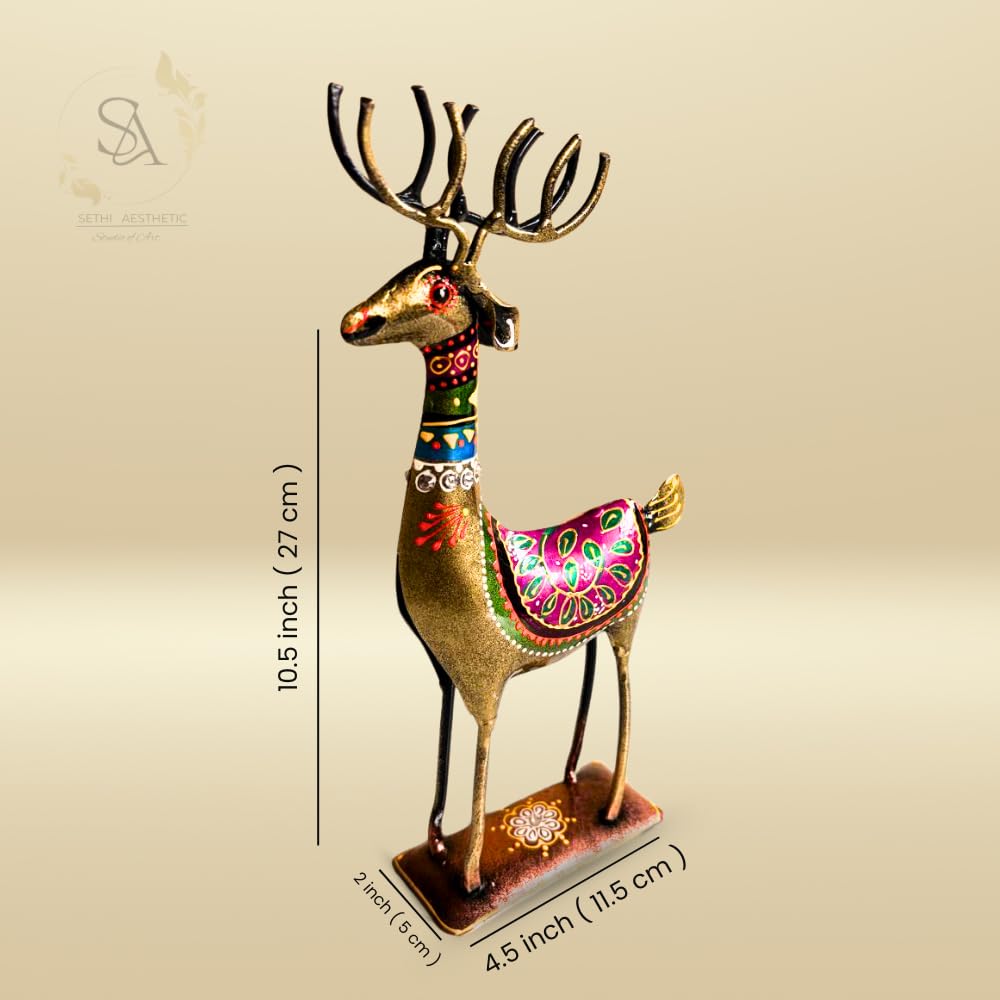 Handpainted Iron Deer Showpiece with Colorful Ethnic Design,Lustrous Finish, Pack of 2, 10.5/4.5 Inch