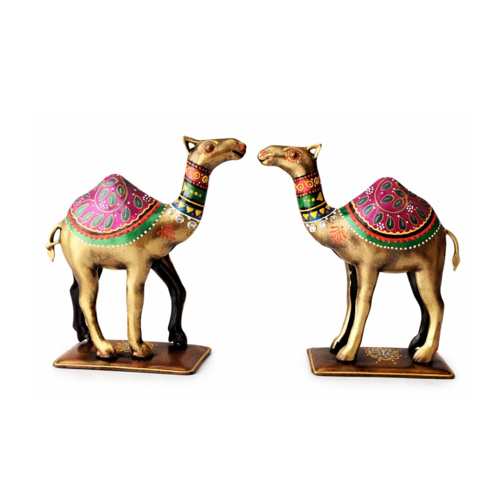 Handpainted Iron Camel Showpiece with Colorful Ethnic Design,Lustrous Finish, Pack of 2, 7/6.5 Inch (Metal Camel)