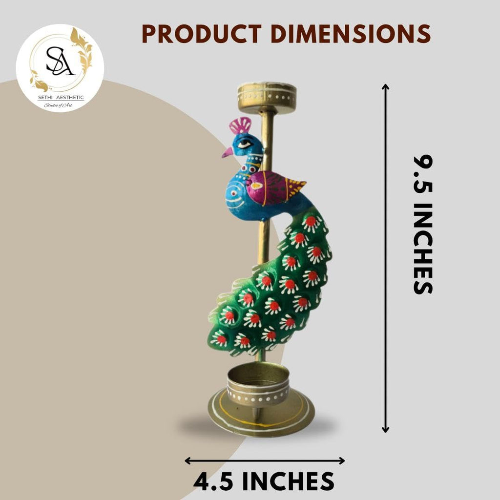 Metal Peacock Tealight Candle Holder, Handcrafted Multi-Colour Rajasthani Design for Home Decor,Festive Decoration and gifting11 x 24 cm (Pair) (Peacock Candle Stand Pair(Mini))