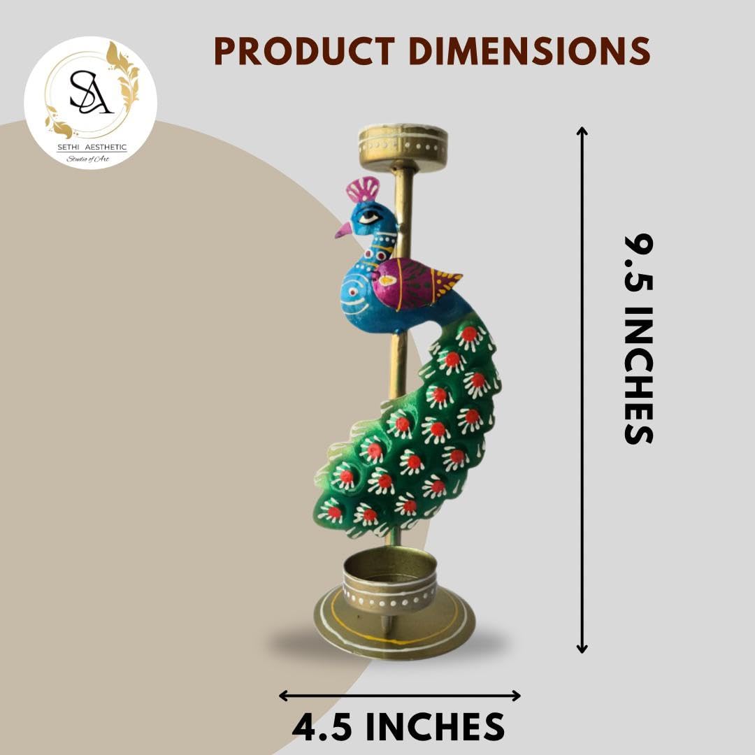 Metal Peacock Tealight Candle Holder, Handcrafted Multi-Colour Rajasthani Design for Home Decor,Festive Decoration and gifting11 x 24 cm (Pair) (Peacock Candle Stand Pair(Mini))