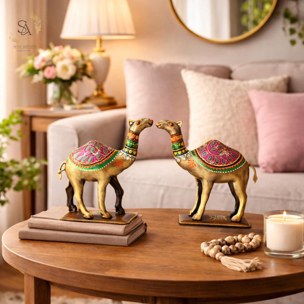 Handpainted Iron Camel Showpiece with Colorful Ethnic Design,Lustrous Finish, Pack of 2, 7/6.5 Inch (Metal Camel)