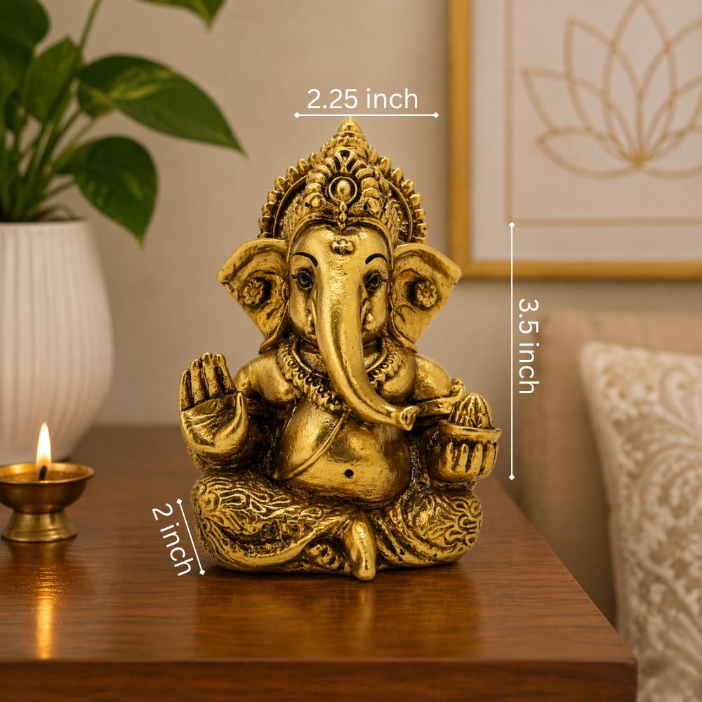 Ganesha Idol for Car Dashboard & Home Decor – Ganpati Murti for Puja Room | Lord Ganesh Statue for Office Desk | Decorative Figurine & Gift Item 3.5" inches (Golden)