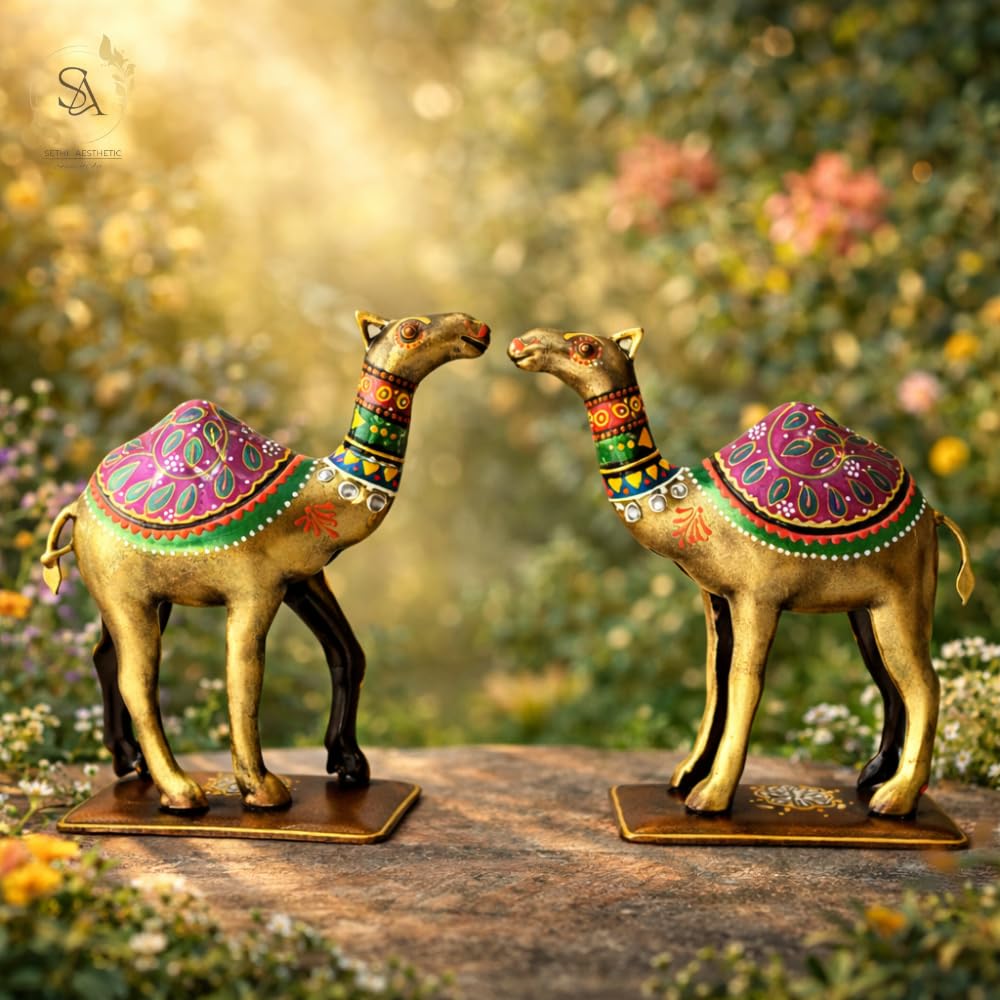 Handpainted Iron Camel Showpiece with Colorful Ethnic Design,Lustrous Finish, Pack of 2, 7/6.5 Inch (Metal Camel)