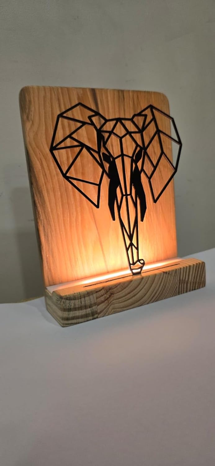 Metal Elephant LED Table Lamp with Pine Wood Base, Natural Wood, Laser Cut Design, 9x7 Inches, Decorative Ambient Lighting Modern Style