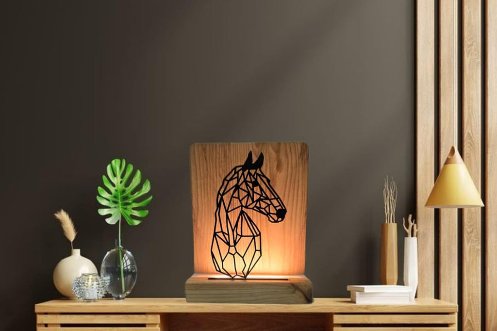 Metal HorseLED Table Lamp Pine Wood Base Laser Cut Design,9x7 inches,Decorative Ambient Lighting Modern Style. (Horse)