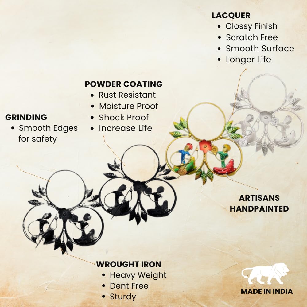 Metal Wall Clock with Decorative Traditional Rajasthani Musician Men, Floral Accents
