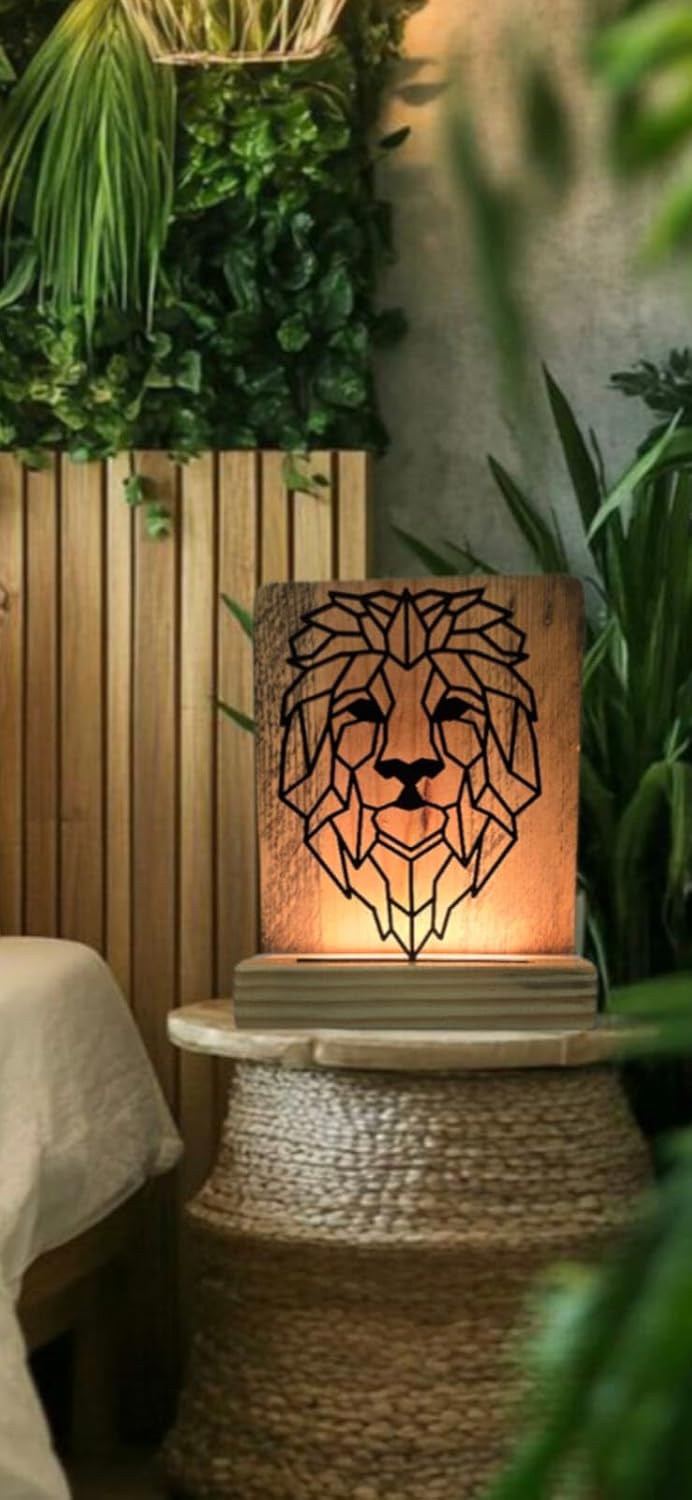 Metal Lion LED Table Lamp with Pine Wood Base, Laser Cut Design, 9x7 Inches, Decorative Ambient Lighting Modern Style, Warm White