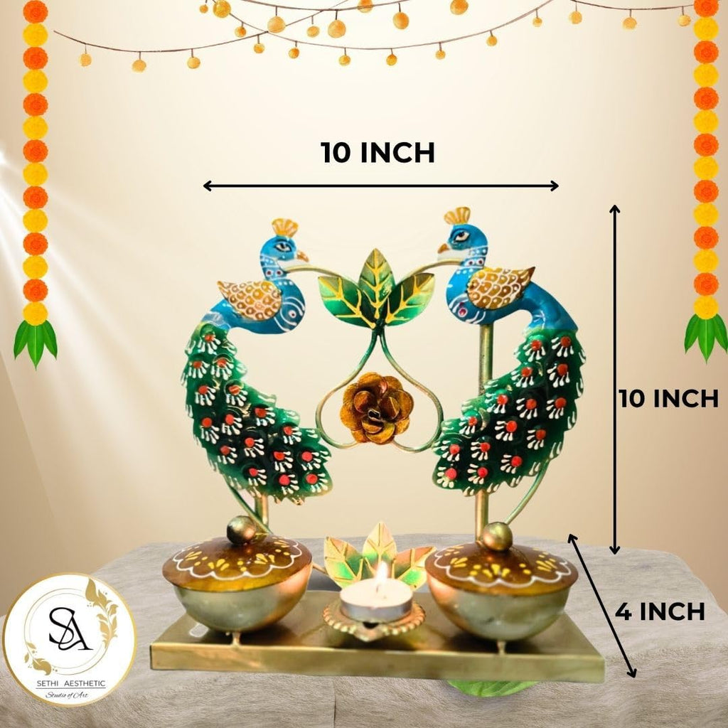 Metal Peacock Tealight Candle Holder/Dry Fruit Container, Handcrafted; Festive Decoration and marraige Return Gifting 25 x 25 cm
