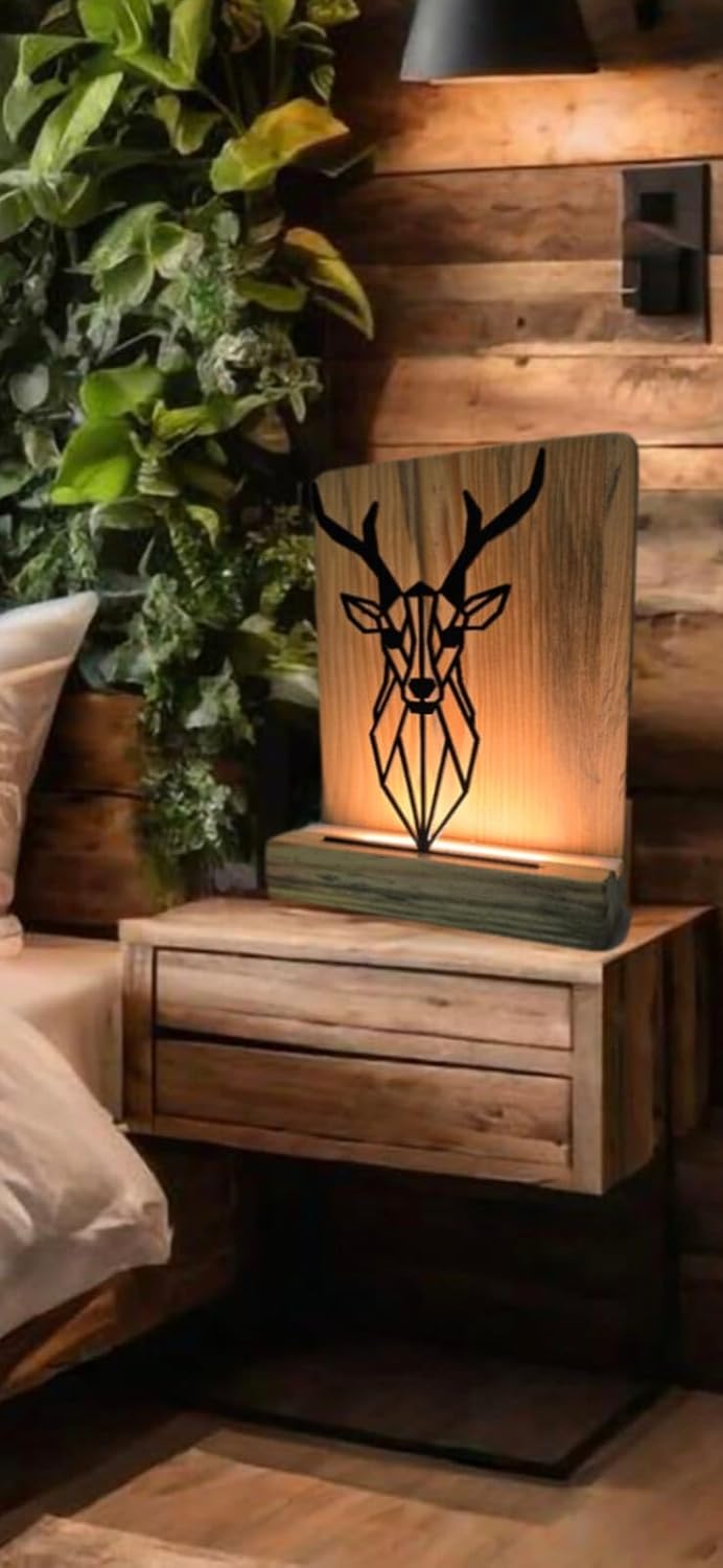 Metal Deer LED Table Lamp Pine Wood Base,Laser Cut Design,9x7 inches,Decorative Ambient Lighting Modern Style. (Deer)