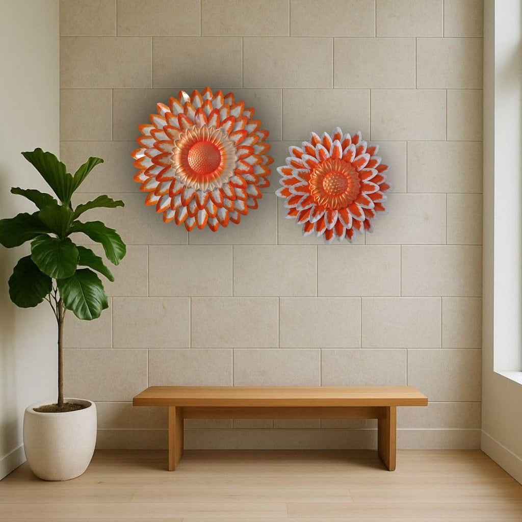 Metal Kesariya Flower Wall Art Decor, Handmade 3D Layered Petal Design, Set of 2 (13x13 inch and 11x11 inch) (Metallic Kesariya)