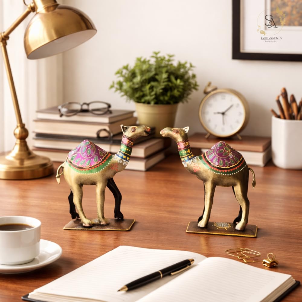 Handpainted Iron Camel Showpiece with Colorful Ethnic Design,Lustrous Finish, Pack of 2, 7/6.5 Inch (Metal Camel)