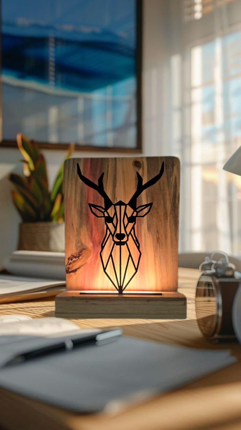 Metal Deer LED Table Lamp Pine Wood Base,Laser Cut Design,9x7 inches,Decorative Ambient Lighting Modern Style. (Deer)