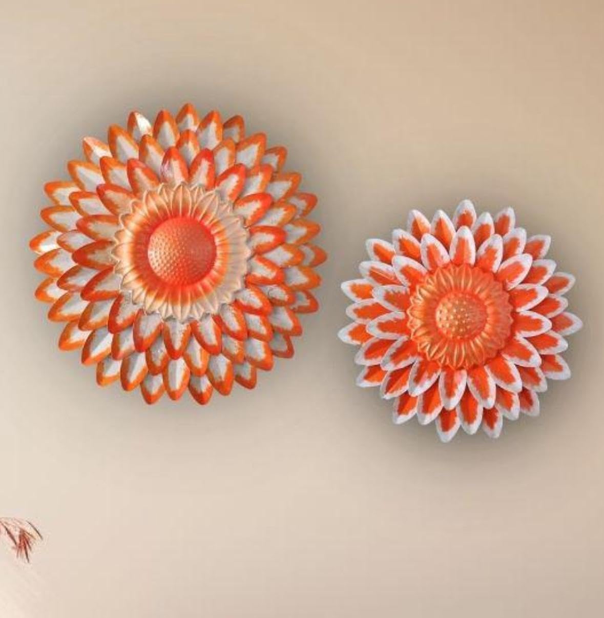 Metal Kesariya Flower Wall Art Decor, Handmade 3D Layered Petal Design, Set of 2 (13x13 inch and 11x11 inch) (Metallic Kesariya)
