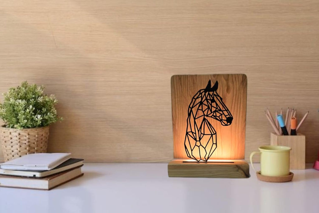 Metal HorseLED Table Lamp Pine Wood Base Laser Cut Design,9x7 inches,Decorative Ambient Lighting Modern Style. (Horse)