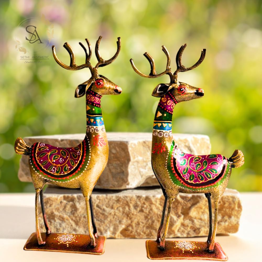 Handpainted Iron Deer Showpiece with Colorful Ethnic Design,Lustrous Finish, Pack of 2, 10.5/4.5 Inch