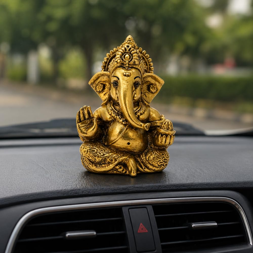 Ganesha Idol for Car Dashboard & Home Decor – Ganpati Murti for Puja Room | Lord Ganesh Statue for Office Desk | Decorative Figurine & Gift Item 3.5" inches (Golden)
