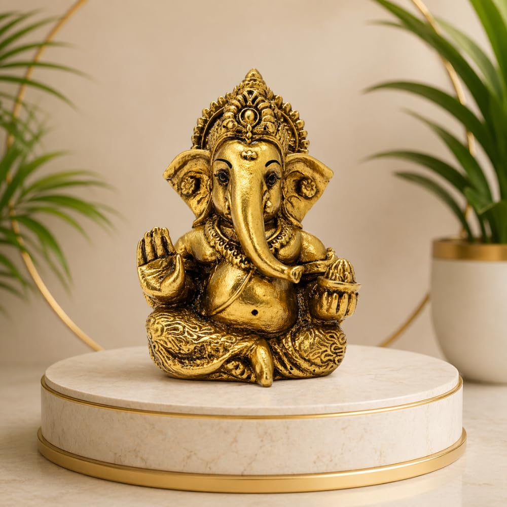 Ganesha Idol for Car Dashboard & Home Decor – Ganpati Murti for Puja Room | Lord Ganesh Statue for Office Desk | Decorative Figurine & Gift Item 3.5" inches (Golden)