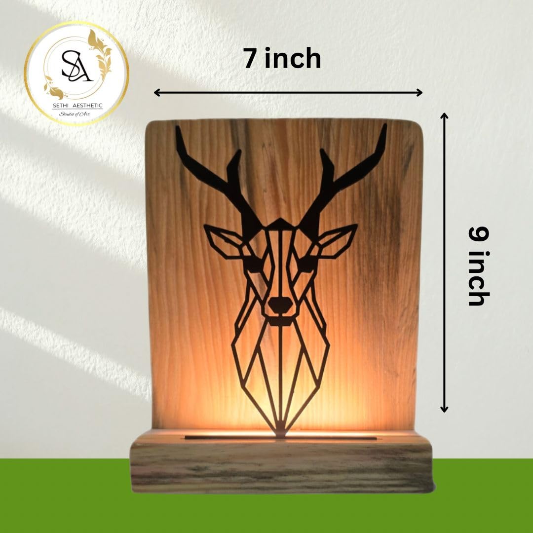 Metal Deer LED Table Lamp Pine Wood Base,Laser Cut Design,9x7 inches,Decorative Ambient Lighting Modern Style. (Deer)