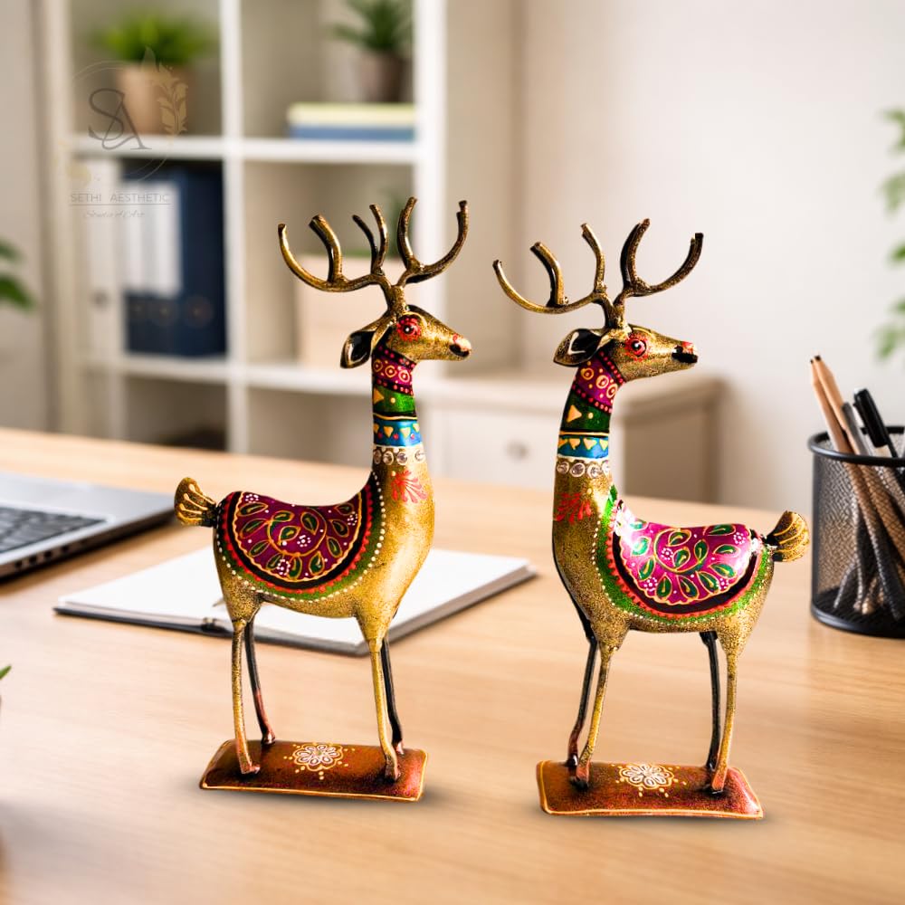 Handpainted Iron Deer Showpiece with Colorful Ethnic Design,Lustrous Finish, Pack of 2, 10.5/4.5 Inch