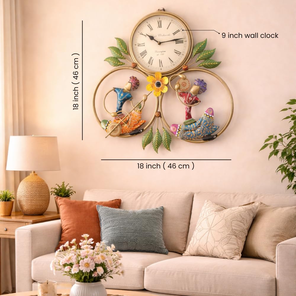 Metal Wall Clock with Decorative Traditional Rajasthani Musician Men, Floral Accents