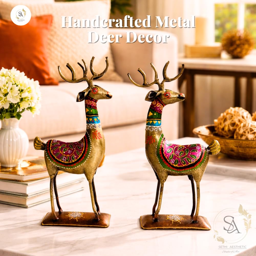 Handpainted Iron Deer Showpiece with Colorful Ethnic Design,Lustrous Finish, Pack of 2, 10.5/4.5 Inch