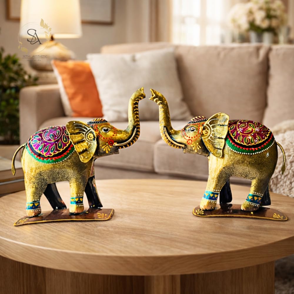 Handpainted Iron Elephant Showpiece with Colorful Ethnic Design,Lustrous Finish, Pack of 2, 7/6.5 Inch (Metal Elephant)