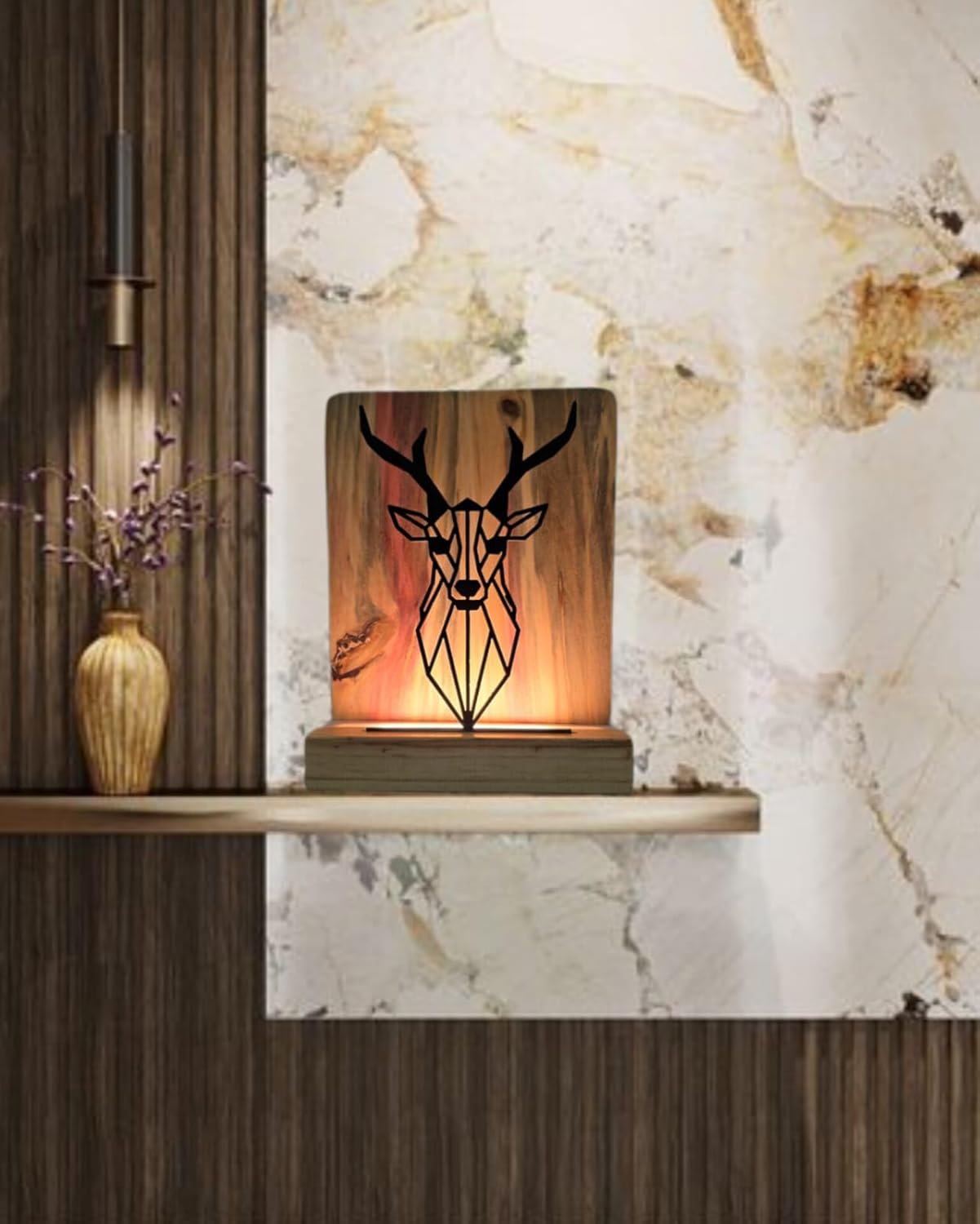 Metal Deer LED Table Lamp Pine Wood Base,Laser Cut Design,9x7 inches,Decorative Ambient Lighting Modern Style. (Deer)