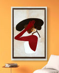 Leather Wall Art decor Lady with Hat Painting, Large Framed, 20 x 28