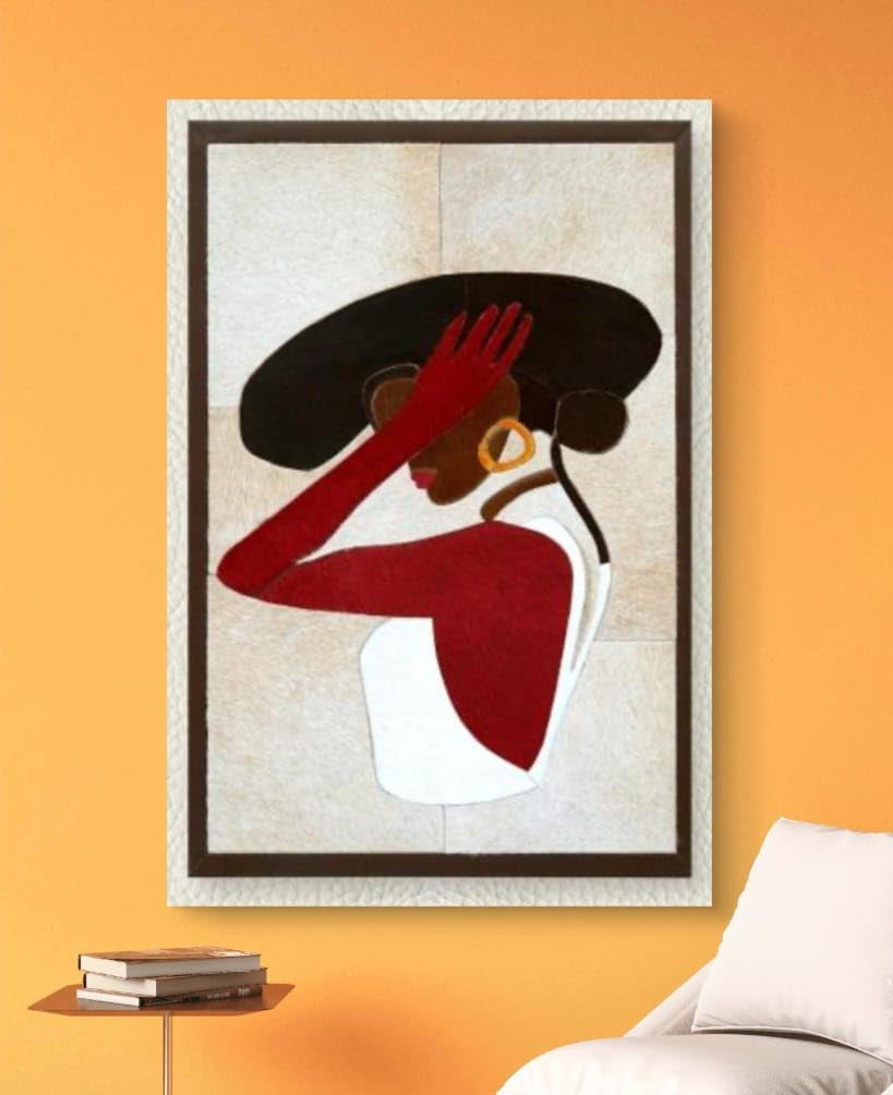 Leather Wall Art decor Lady with Hat Painting, Large Framed, 20 x 28