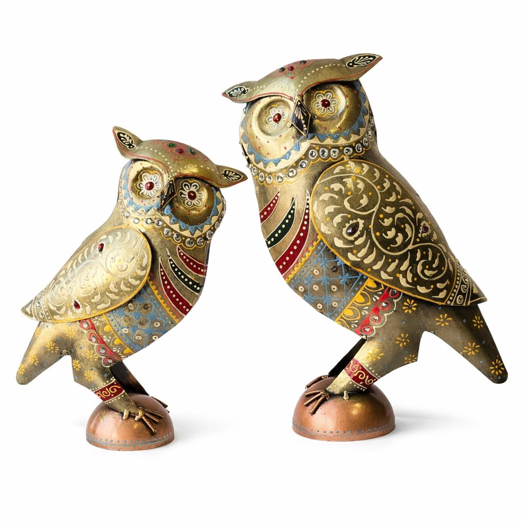 Handcrafted 13 & 10 inch Metal Rajasthani Owl Set for Home Decor | Traditional Indian Art Decorative Owl Figurines | Vintage Hand-Painted Showpiece Set of 2.