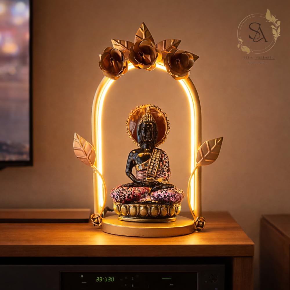 Lord Buddha Figurine with Metal Arch Frame & LED Light | Handcrafted Spiritual Tabletop Showpiece for Home, Office & Pooja Room | Multicolor | 10 x 6 x 13.5 Inch