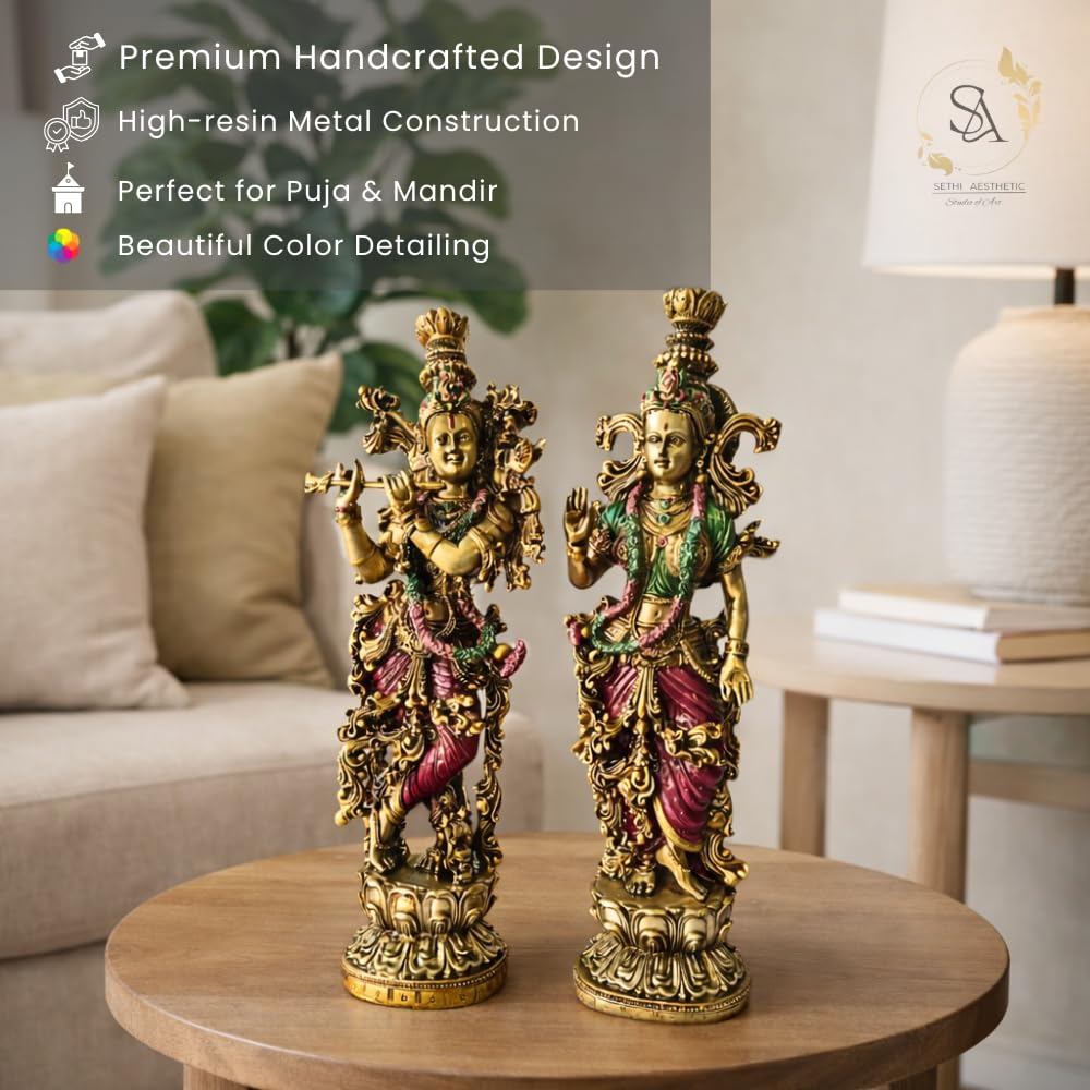 Radha Krishna Resin Showpiece Set 14 Inch | Krishna Playing Flute & Radha Blessing Statue for Home Décor | Living Room | Temple | Festive Gifts (Radha Krishna)