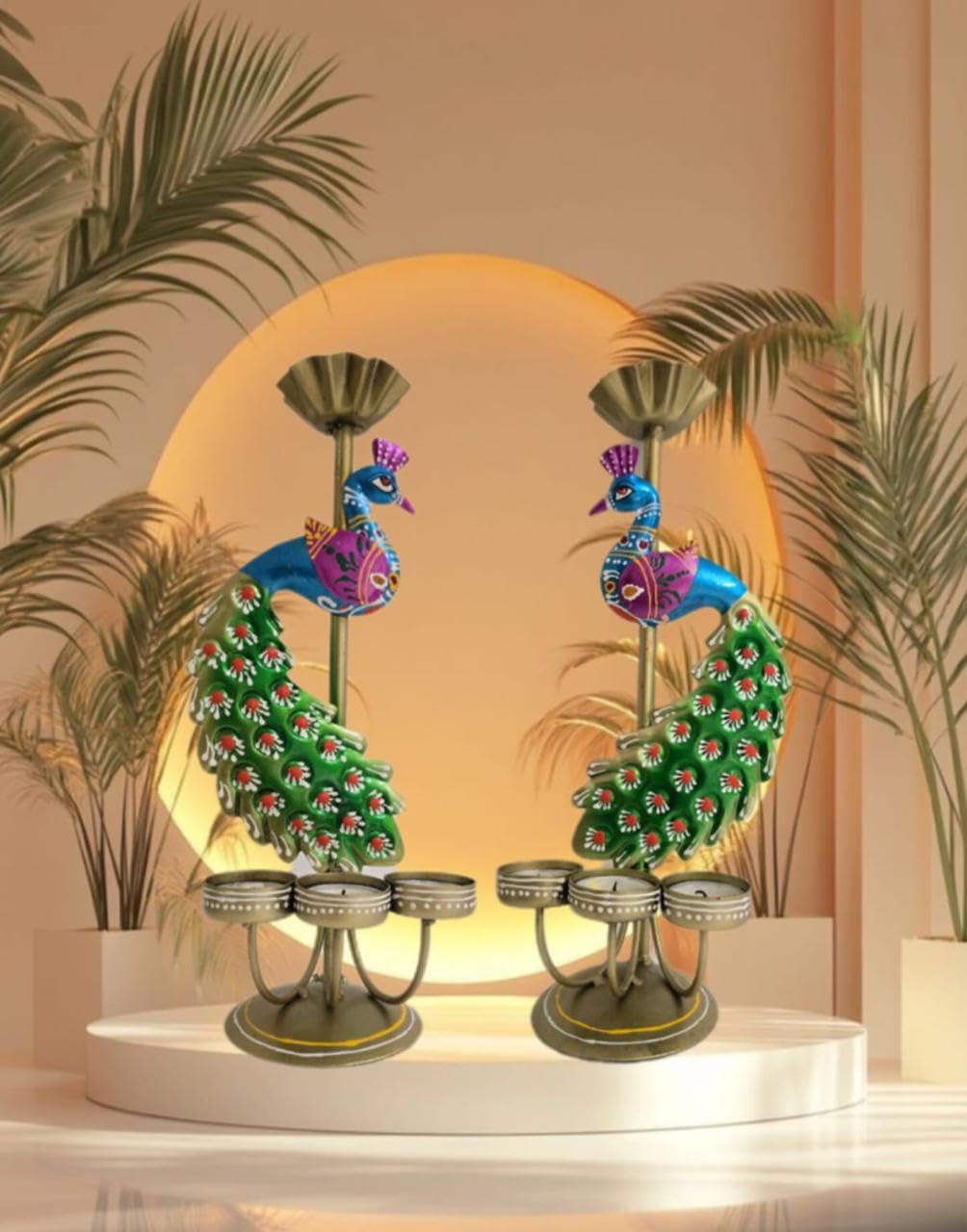 Metal Peacock Tealight Candle Holder Rajasthani Design [Pair])