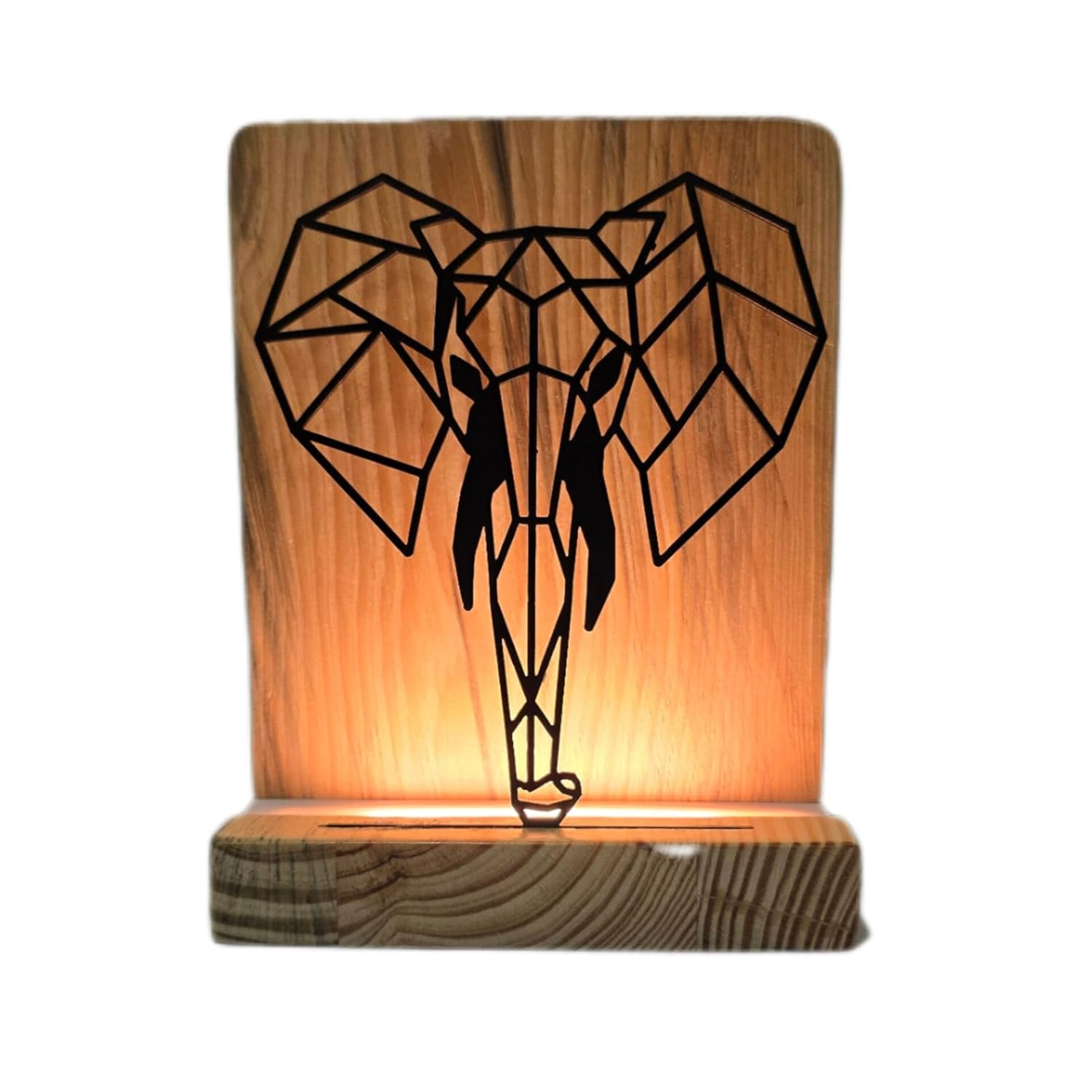 Metal Elephant LED Table Lamp with Pine Wood Base, Natural Wood, Laser Cut Design, 9x7 Inches, Decorative Ambient Lighting Modern Style