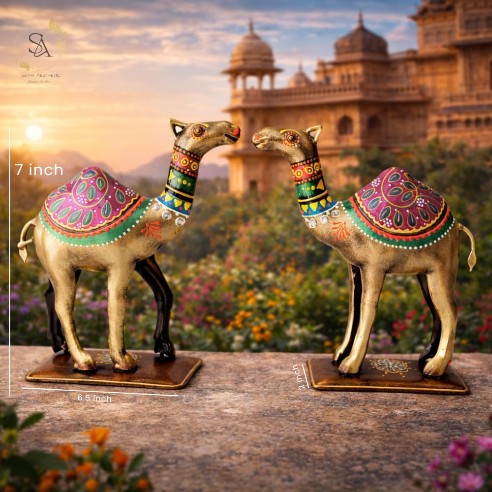 Handpainted Iron Camel Showpiece with Colorful Ethnic Design,Lustrous Finish, Pack of 2, 7/6.5 Inch (Metal Camel)