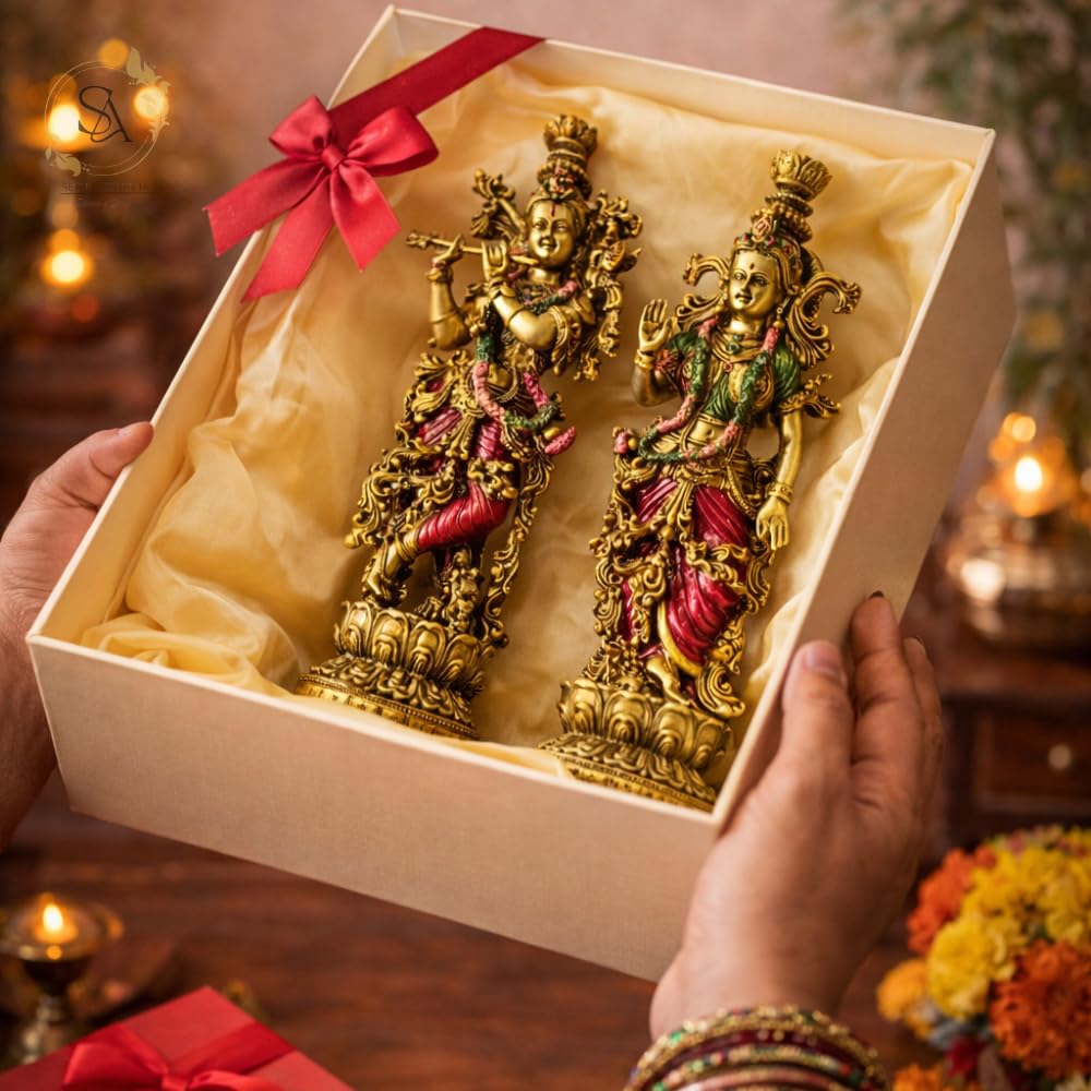 Radha Krishna Resin Showpiece Set 14 Inch | Krishna Playing Flute & Radha Blessing Statue for Home Décor | Living Room | Temple | Festive Gifts (Radha Krishna)