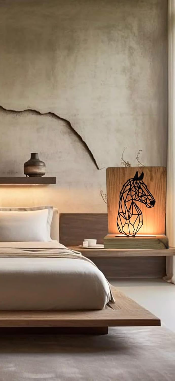 Metal HorseLED Table Lamp Pine Wood Base Laser Cut Design,9x7 inches,Decorative Ambient Lighting Modern Style. (Horse)