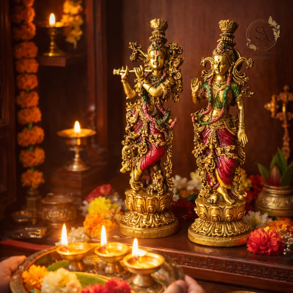 Radha Krishna Resin Showpiece Set 14 Inch | Krishna Playing Flute & Radha Blessing Statue for Home Décor | Living Room | Temple | Festive Gifts (Radha Krishna)