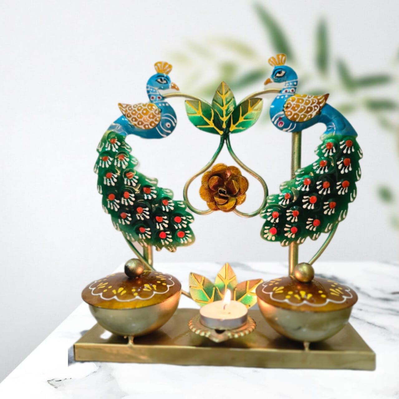 Metal Peacock Tealight Candle Holder/Dry Fruit Container, Handcrafted; Festive Decoration and marraige Return Gifting 25 x 25 cm