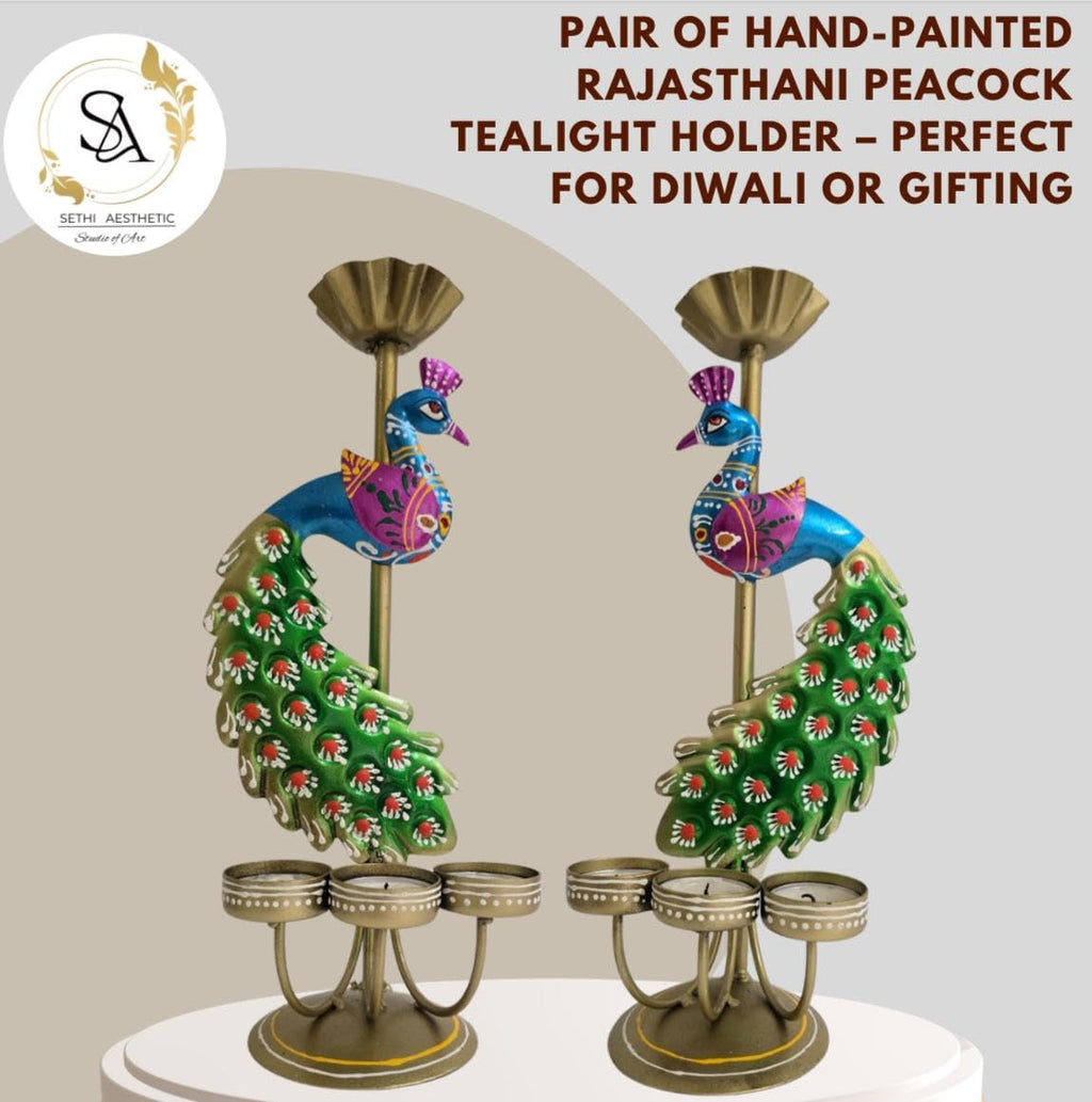 Metal Peacock Tealight Candle Holder Rajasthani Design [Pair])