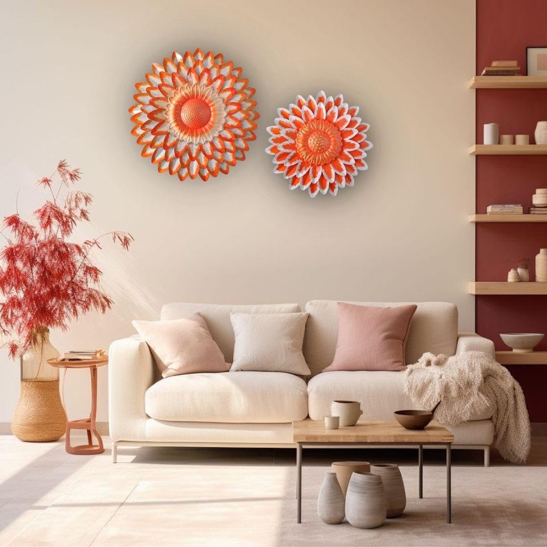 Metal Kesariya Flower Wall Art Decor, Handmade 3D Layered Petal Design, Set of 2 (13x13 inch and 11x11 inch) (Metallic Kesariya)