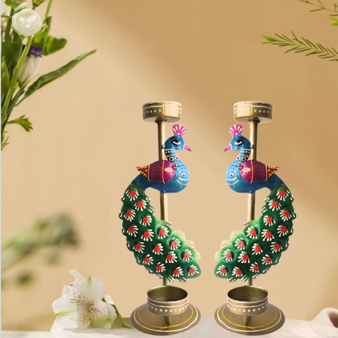 Metal Peacock Tealight Candle Holder, Handcrafted Multi-Colour Rajasthani Design for Home Decor,Festive Decoration and gifting11 x 24 cm (Pair) (Peacock Candle Stand Pair(Mini))