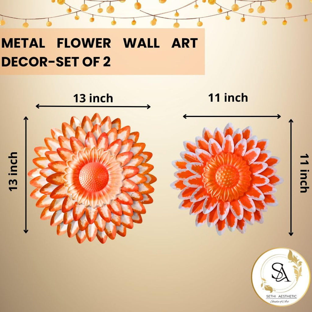 Metal Kesariya Flower Wall Art Decor, Handmade 3D Layered Petal Design, Set of 2 (13x13 inch and 11x11 inch) (Metallic Kesariya)
