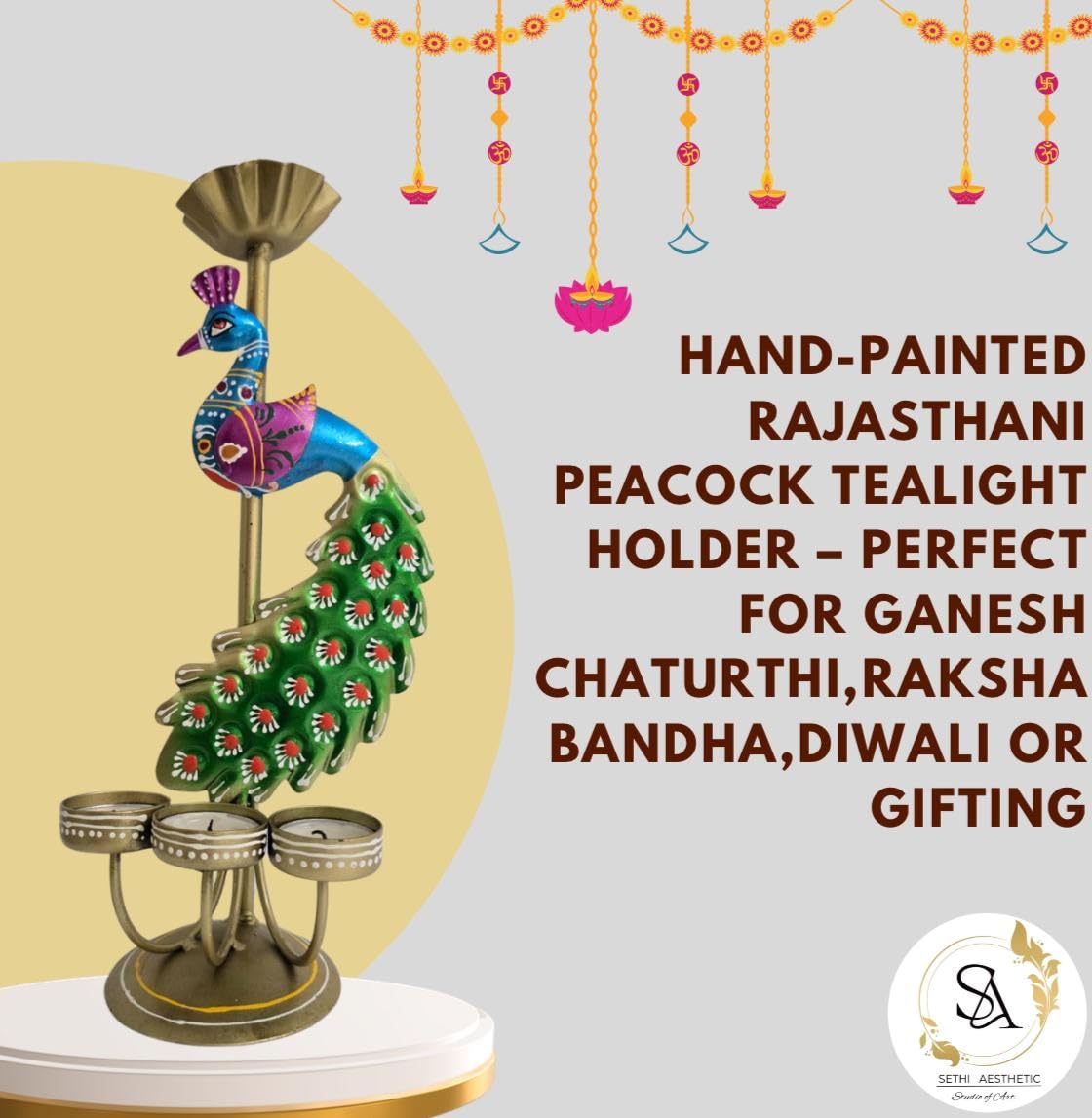 Metal Peacock Tealight Candle Holder Rajasthani Design for Diwali Festive