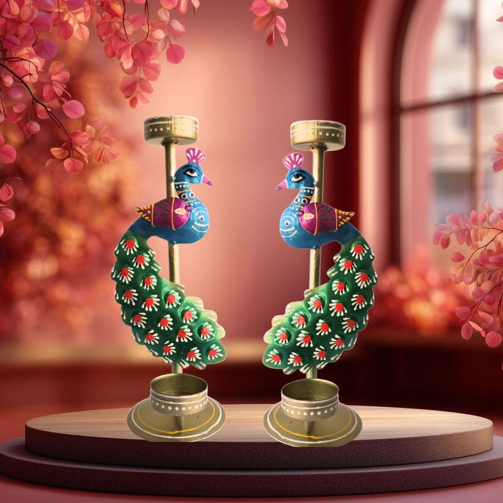 Metal Peacock Tealight Candle Holder, Handcrafted Multi-Colour Rajasthani Design for Home Decor,Festive Decoration and gifting11 x 24 cm (Pair) (Peacock Candle Stand Pair(Mini))