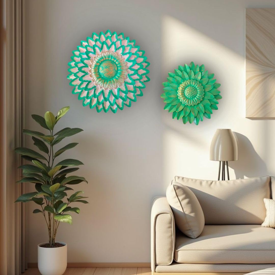 Metal Flower Wall Art Decor, Handmade 3D Layered Petal Design, Set of 2 (13x13 inch and 11x11 inch) (Olive Green)