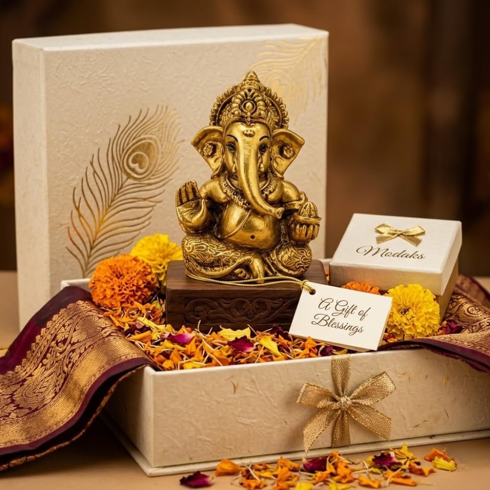 Ganesha Idol for Car Dashboard & Home Decor – Ganpati Murti for Puja Room | Lord Ganesh Statue for Office Desk | Decorative Figurine & Gift Item 3.5" inches (Golden)