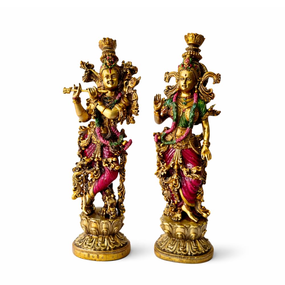 Radha Krishna Resin Showpiece Set 14 Inch | Krishna Playing Flute & Radha Blessing Statue for Home Décor | Living Room | Temple | Festive Gifts (Radha Krishna)