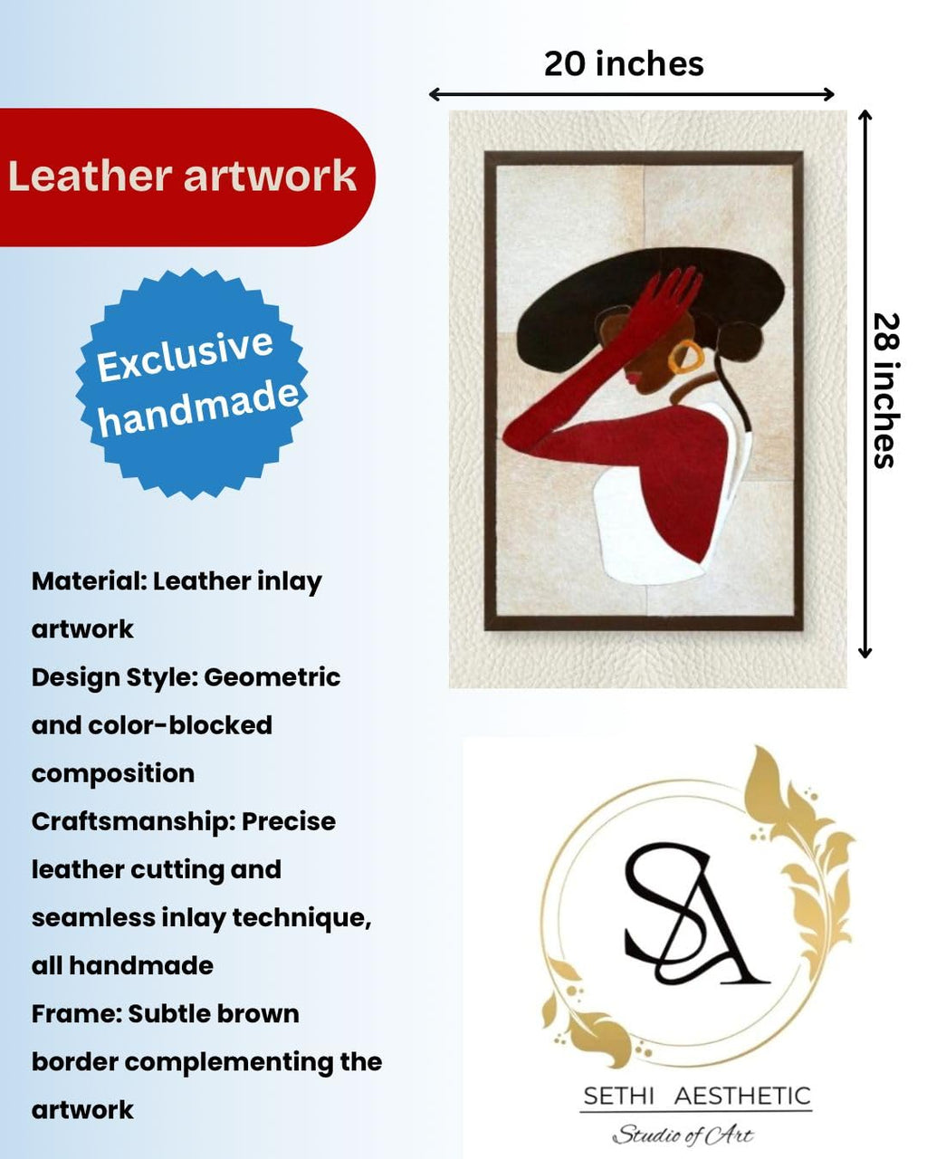 Leather Wall Art decor Lady with Hat Painting, Large Framed, 20 x 28